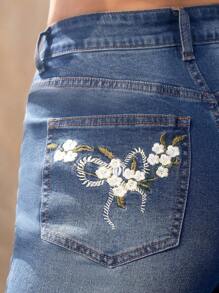 ROMWE Fairycore Quần jean nữ Thêu Túi Dây kéo Hoa - Rửa nhẹ - Xem 3