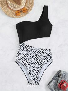SHEIN Swim Bañador una pieza con estampado de lunares con abertura de un hombro