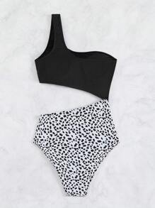 SHEIN Swim Bañador una pieza con estampado de lunares con abertura de un hombro