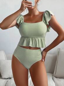 SHEIN Swim Summer Beach Striped Ruffle Trim High Waisted Tankini - Green - View 1
