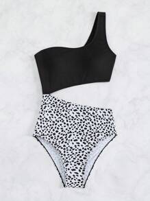 SHEIN Swim Bañador una pieza con estampado de lunares con abertura de un hombro
