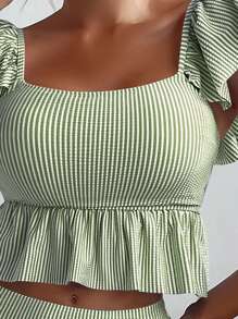 SHEIN Swim Summer Beach Striped Ruffle Trim High Waisted Tankini - Green - View 3