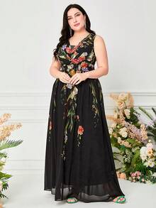 Plus Floral Print Chiffon Dress - Black - View 3