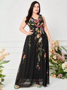 Plus Floral Print Chiffon Dress - Black - View 5