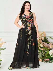 Plus Floral Print Chiffon Dress - Black - View 6