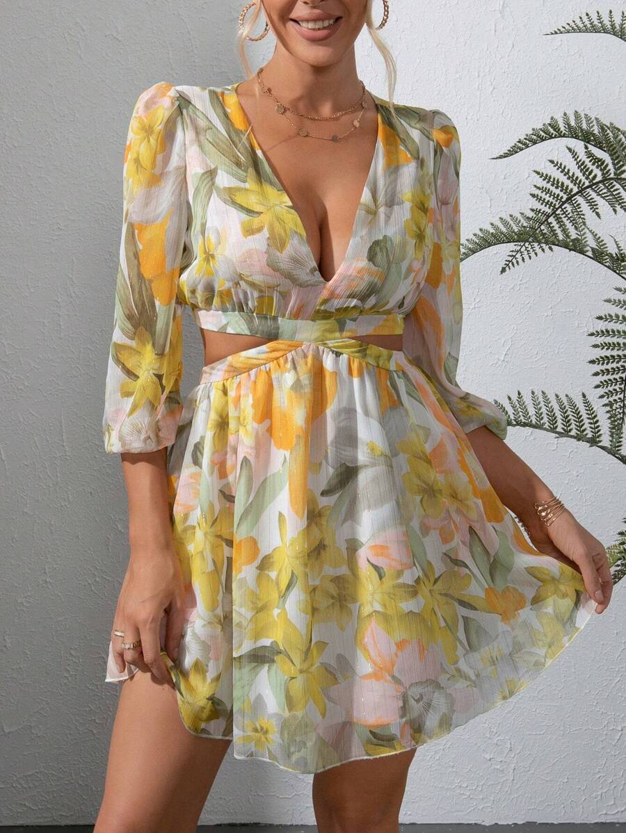 SHEIN LUNE Đầm Cắt ra Buộc lại Hoa Boho - Màu vàng - Xem 1