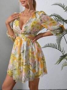 SHEIN LUNE Đầm Cắt ra Buộc lại Hoa Boho - Màu vàng - Xem 3