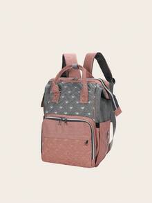 1pc Baby Stitch Detail Studded Decor Two Tone Zipper Diaper Bag - Pink - View 2