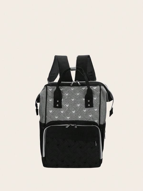 1pc Baby Stitch Detail Studded Decor Black Zipper Diaper Bag