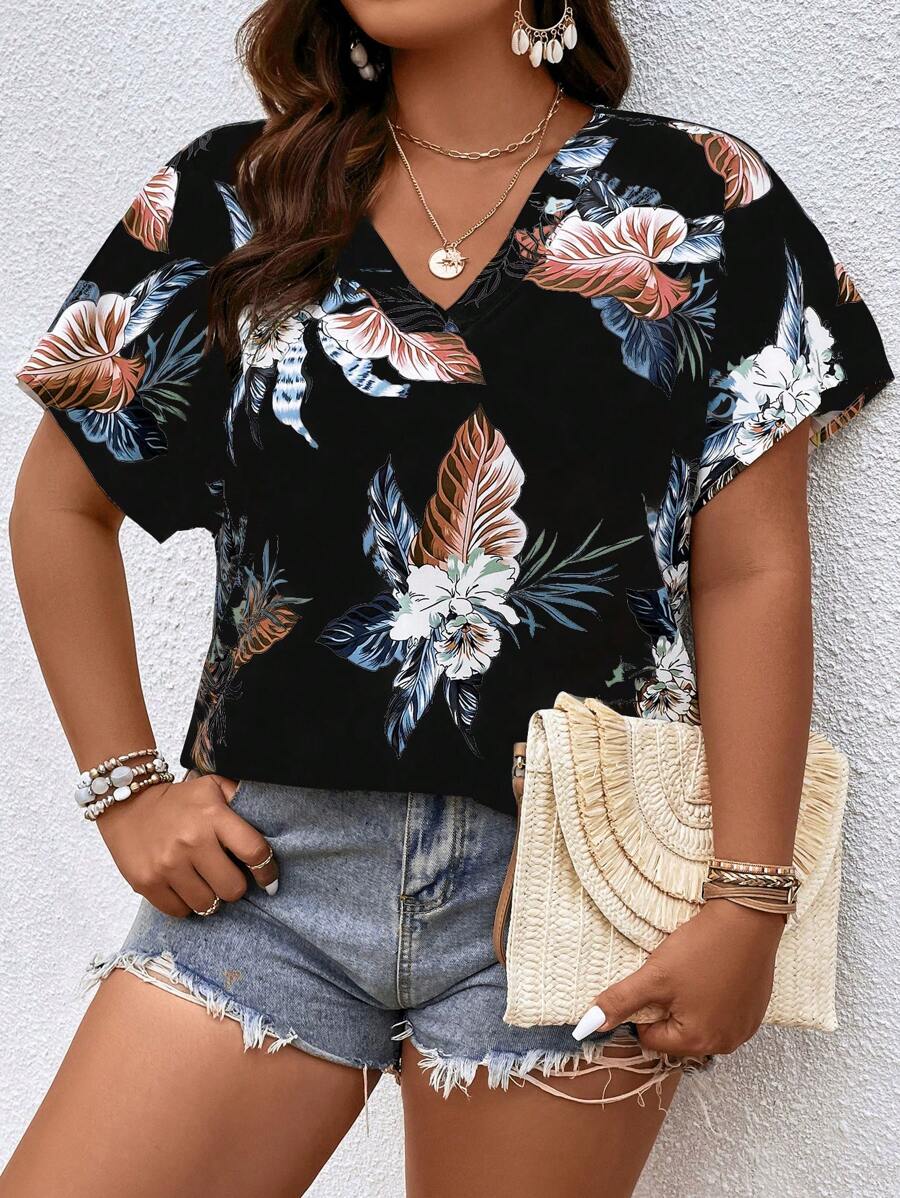 SHEIN Holidaya Áo sơ mi Plus Size Nhiệt đới Giải trí - màu đen - Xem 1