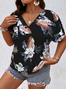 SHEIN Holidaya Áo sơ mi Plus Size Nhiệt đới Giải trí - màu đen - Xem 4