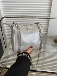 迷你金屬質感鏈條方包字母裝飾前衛 - 銀色 - 查看 1