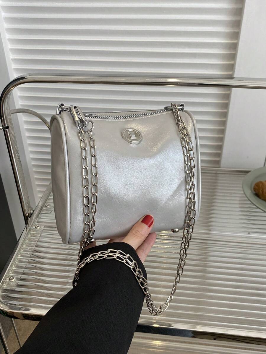 迷你金屬質感鏈條方包字母裝飾前衛 - 銀色 - 查看 1