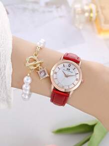 1入組女士紅色鱷魚紋壓花PU聚氨酯錶帶時尚水鑽裝飾圓形錶盤石英手錶和1入組手鍊，適用於日常生活 - 紅色 - 查看 3