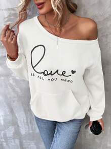 SHEIN LUNE Heart & Slogan Graphic Kangaroo Pocket Drop Shoulder Sweatshirt - White - View 1