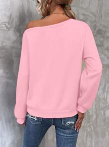 SHEIN LUNE Heart & Slogan Graphic Kangaroo Pocket Drop Shoulder Sweatshirt - Pink - View 2