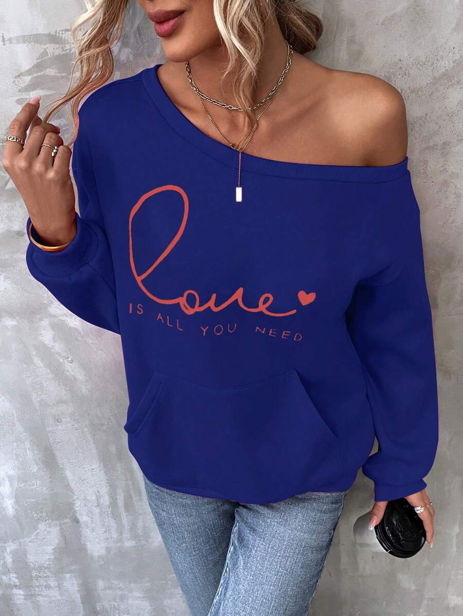 SHEIN LUNE Slogan Graphic Kangaroo Pocket Drop Shoulder Sweatshirt - Blue - View 1
