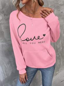 SHEIN LUNE Heart & Slogan Graphic Kangaroo Pocket Drop Shoulder Sweatshirt - Pink - View 3