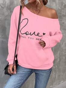 SHEIN LUNE Heart & Slogan Graphic Kangaroo Pocket Drop Shoulder Sweatshirt - Pink - View 4