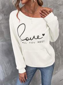 SHEIN LUNE Heart & Slogan Graphic Kangaroo Pocket Drop Shoulder Sweatshirt - White - View 3