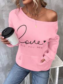 SHEIN LUNE Heart & Slogan Graphic Kangaroo Pocket Drop Shoulder Sweatshirt - Pink - View 5