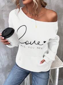 SHEIN LUNE Heart & Slogan Graphic Kangaroo Pocket Drop Shoulder Sweatshirt - White - View 4