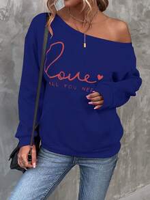 SHEIN LUNE Slogan Graphic Kangaroo Pocket Drop Shoulder Sweatshirt - Blue - View 4