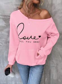 SHEIN LUNE Heart & Slogan Graphic Kangaroo Pocket Drop Shoulder Sweatshirt - Pink - View 6