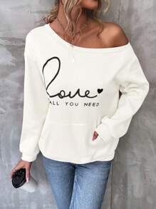 SHEIN LUNE Heart & Slogan Graphic Kangaroo Pocket Drop Shoulder Sweatshirt - White - View 5