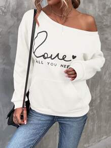 SHEIN LUNE Heart & Slogan Graphic Kangaroo Pocket Drop Shoulder Sweatshirt - White - View 6