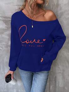 SHEIN LUNE Slogan Graphic Kangaroo Pocket Drop Shoulder Sweatshirt - Blue - View 5
