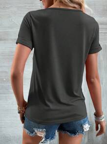 SHEIN LUNE 素色V領T恤 - 深灰色 - 查看 2