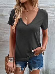 SHEIN LUNE 素色V領T恤 - 深灰色 - 查看 4