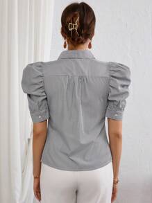 SHEIN BIZwear 條紋印花泡泡袖襯衫工作服 - 黑與白 - 查看 2