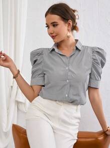 SHEIN BIZwear 條紋印花泡泡袖襯衫工作服 - 黑與白 - 查看 4