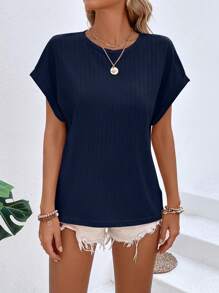 SHEIN LUNE Solid Batwing Sleeve Tee - Navy Blue - View 6