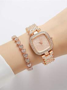 1入組女士玫瑰金水鑽裝飾不銹鋼錶帶迷人方形錶盤石英手錶和1入組手鍊，適合日常生活 - 玫瑰金 - 查看 2