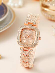 1入組女士玫瑰金水鑽裝飾不銹鋼錶帶迷人方形錶盤石英手錶和1入組手鍊，適合日常生活 - 玫瑰金 - 查看 3