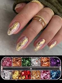 12格闪亮激光金银亮片美甲装饰品，适用于DIY美甲饰品、美甲宝石、美甲用品 - 彩色 - 查看 2