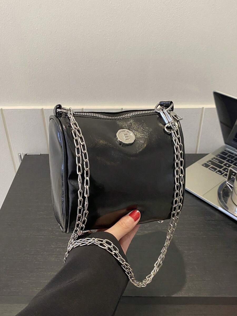 迷你金屬裝飾鏈條水桶包拉鍊黑色 - 黑色 - 查看 1