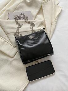 迷你金屬裝飾鏈條水桶包拉鍊黑色 - 黑色 - 查看 7