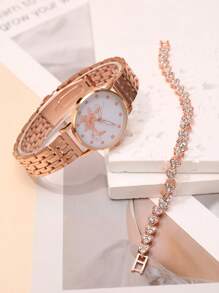 Rclock 1入組女士玫瑰金不銹鋼錶帶休閒圓形錶盤石英手錶和1入組水鑽裝飾手鍊，適合日常生活 - 玫瑰金 - 查看 3