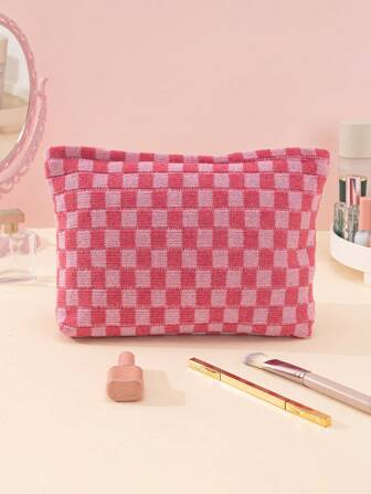 粉色格子针织大容量防水六角形化妆包，女士礼物，圣诞礼物，女士送礼佳品