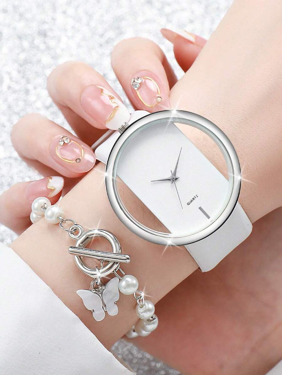1pc Minimalist Round Pointer Quartz Watch & 1pc Butterfly Charm Bracelet As A Gift For Students Returning To School - White - View 1