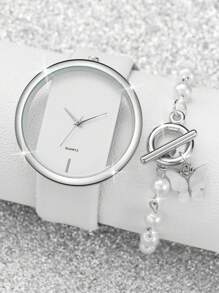 1pc Minimalist Round Pointer Quartz Watch & 1pc Butterfly Charm Bracelet As A Gift For Students Returning To School - White - View 2