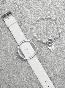 1pc Minimalist Round Pointer Quartz Watch & 1pc Butterfly Charm Bracelet As A Gift For Students Returning To School - White - View 5