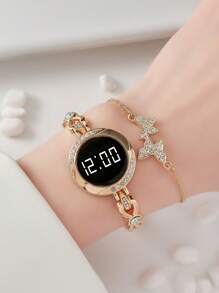 1 件圆形电子手表和 1 件水钻蝴蝶装饰手链作为返校学生的礼物 - 金色 - 查看 1