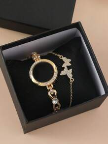 1 件圆形电子手表和 1 件水钻蝴蝶装饰手链作为返校学生的礼物 - 金色 - 查看 2