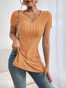 SHEIN Essnce Áo thun nữ Chia Gân đan màu trơn Giải trí - trái cam - Xem 1