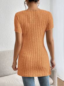 SHEIN Essnce Áo thun nữ Chia Gân đan màu trơn Giải trí - trái cam - Xem 2